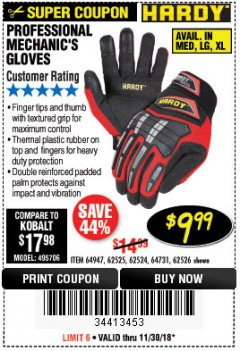 Harbor Freight Coupon PROFESSIONAL MECHANIC'S GLOVES Lot No. 62524/68307/68308/62525/68309/62526 Expired: 11/30/18 - $9.99