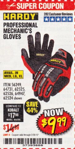 Harbor Freight Coupon PROFESSIONAL MECHANIC'S GLOVES Lot No. 62524/68307/68308/62525/68309/62526 Expired: 2/28/19 - $9.99