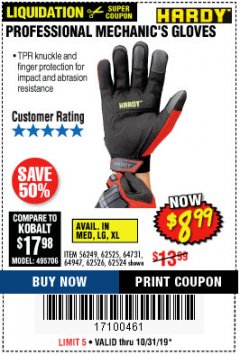 Harbor Freight Coupon PROFESSIONAL MECHANIC'S GLOVES Lot No. 62524/68307/68308/62525/68309/62526 Expired: 10/31/19 - $8.99