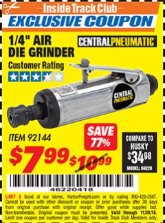 Harbor Freight ITC Coupon 1/4" AIR DIE GRINDER Lot No. 92144 Expired: 11/30/18 - $7.99