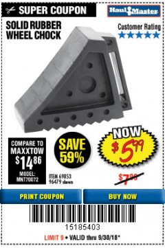 Harbor Freight Coupon SOLID RUBBER WHEEL CHOCK Lot No. 69326/69853/56891/96479 Expired: 8/30/18 - $5.99