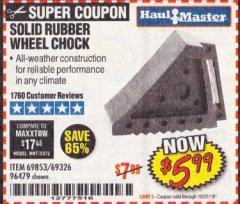 Harbor Freight Coupon SOLID RUBBER WHEEL CHOCK Lot No. 69326/69853/56891/96479 Expired: 10/31/19 - $5.99