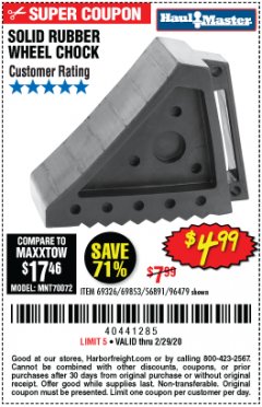 Harbor Freight Coupon SOLID RUBBER WHEEL CHOCK Lot No. 69326/69853/56891/96479 Expired: 2/29/20 - $4.99