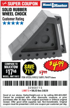 Harbor Freight Coupon SOLID RUBBER WHEEL CHOCK Lot No. 69326/69853/56891/96479 Expired: 2/8/20 - $4.99