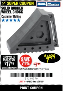 Harbor Freight Coupon SOLID RUBBER WHEEL CHOCK Lot No. 69326/69853/56891/96479 Expired: 6/30/20 - $4.99