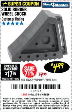 Harbor Freight Coupon SOLID RUBBER WHEEL CHOCK Lot No. 69326/69853/56891/96479 Expired: 6/30/20 - $4.99