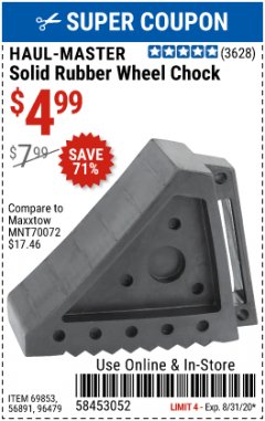 Harbor Freight Coupon SOLID RUBBER WHEEL CHOCK Lot No. 69326/69853/56891/96479 Expired: 8/31/20 - $4.99