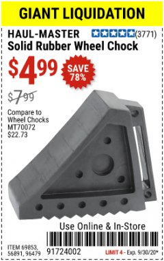 Harbor Freight Coupon SOLID RUBBER WHEEL CHOCK Lot No. 69326/69853/56891/96479 Expired: 9/30/20 - $4.99