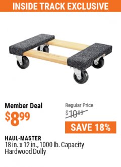 Harbor Freight ITC Coupon 18" X 12" HARDWOOD MOVER'S DOLLY Lot No. 93888/60497/61899/62399/63095/63096/63097/63098 Expired: 7/29/21 - $8.99