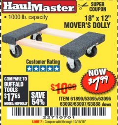 Harbor Freight Coupon 18" X 12" HARDWOOD MOVER'S DOLLY Lot No. 93888/60497/61899/62399/63095/63096/63097/63098 Expired: 10/15/18 - $7.99
