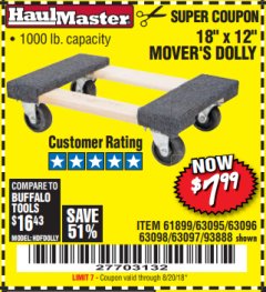 Harbor Freight Coupon 18" X 12" HARDWOOD MOVER'S DOLLY Lot No. 93888/60497/61899/62399/63095/63096/63097/63098 Expired: 8/20/18 - $7.99