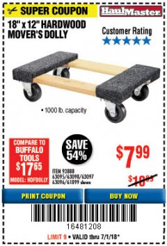Harbor Freight Coupon 18" X 12" HARDWOOD MOVER'S DOLLY Lot No. 93888/60497/61899/62399/63095/63096/63097/63098 Expired: 7/1/18 - $7.99