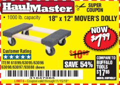Harbor Freight Coupon 18" X 12" HARDWOOD MOVER'S DOLLY Lot No. 93888/60497/61899/62399/63095/63096/63097/63098 Expired: 11/15/18 - $7.99
