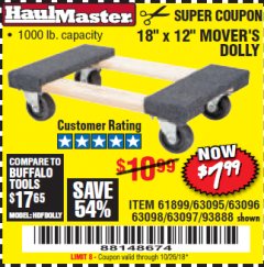 Harbor Freight Coupon 18" X 12" HARDWOOD MOVER'S DOLLY Lot No. 93888/60497/61899/62399/63095/63096/63097/63098 Expired: 10/26/18 - $7.99