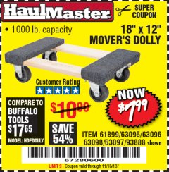 Harbor Freight Coupon 18" X 12" HARDWOOD MOVER'S DOLLY Lot No. 93888/60497/61899/62399/63095/63096/63097/63098 Expired: 11/18/18 - $7.99