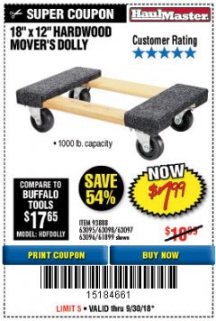 Harbor Freight Coupon 18" X 12" HARDWOOD MOVER'S DOLLY Lot No. 93888/60497/61899/62399/63095/63096/63097/63098 Expired: 9/30/18 - $7.99