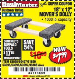 Harbor Freight Coupon 18" X 12" HARDWOOD MOVER'S DOLLY Lot No. 93888/60497/61899/62399/63095/63096/63097/63098 Expired: 4/1/19 - $7.99