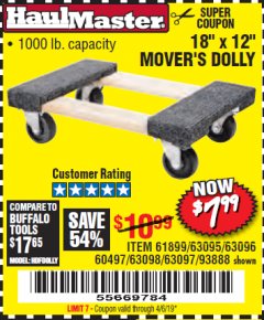 Harbor Freight Coupon 18" X 12" HARDWOOD MOVER'S DOLLY Lot No. 93888/60497/61899/62399/63095/63096/63097/63098 Expired: 4/6/19 - $7.99