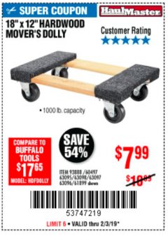 Harbor Freight Coupon 18" X 12" HARDWOOD MOVER'S DOLLY Lot No. 93888/60497/61899/62399/63095/63096/63097/63098 Expired: 2/3/19 - $7.99