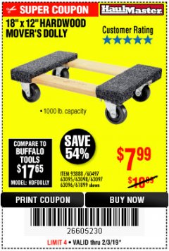 Harbor Freight Coupon 18" X 12" HARDWOOD MOVER'S DOLLY Lot No. 93888/60497/61899/62399/63095/63096/63097/63098 Expired: 2/3/19 - $7.99