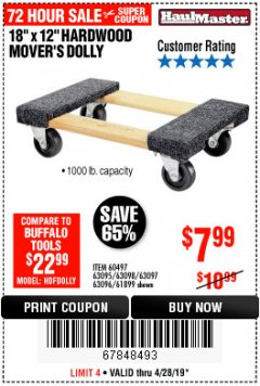 Harbor Freight Coupon 18" X 12" HARDWOOD MOVER'S DOLLY Lot No. 93888/60497/61899/62399/63095/63096/63097/63098 Expired: 4/28/19 - $7.99