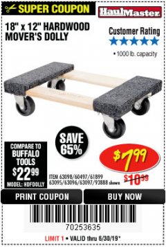 Harbor Freight Coupon 18" X 12" HARDWOOD MOVER'S DOLLY Lot No. 93888/60497/61899/62399/63095/63096/63097/63098 Expired: 6/30/19 - $7.99