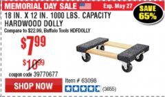 Harbor Freight Coupon 18" X 12" HARDWOOD MOVER'S DOLLY Lot No. 93888/60497/61899/62399/63095/63096/63097/63098 Expired: 5/27/19 - $7.99