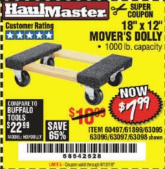 Harbor Freight Coupon 18" X 12" HARDWOOD MOVER'S DOLLY Lot No. 93888/60497/61899/62399/63095/63096/63097/63098 Expired: 8/12/19 - $7.99