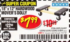 Harbor Freight Coupon 18" X 12" HARDWOOD MOVER'S DOLLY Lot No. 93888/60497/61899/62399/63095/63096/63097/63098 Expired: 7/31/19 - $7.99