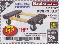 Harbor Freight Coupon 18" X 12" HARDWOOD MOVER'S DOLLY Lot No. 93888/60497/61899/62399/63095/63096/63097/63098 Expired: 11/28/19 - $7.99