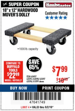 Harbor Freight Coupon 18" X 12" HARDWOOD MOVER'S DOLLY Lot No. 93888/60497/61899/62399/63095/63096/63097/63098 Expired: 9/2/19 - $7.99
