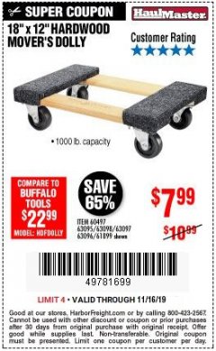 Harbor Freight Coupon 18" X 12" HARDWOOD MOVER'S DOLLY Lot No. 93888/60497/61899/62399/63095/63096/63097/63098 Expired: 11/16/19 - $7.99