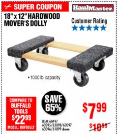 Harbor Freight Coupon 18" X 12" HARDWOOD MOVER'S DOLLY Lot No. 93888/60497/61899/62399/63095/63096/63097/63098 Expired: 10/4/19 - $7.99