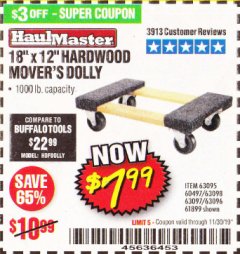 Harbor Freight Coupon 18" X 12" HARDWOOD MOVER'S DOLLY Lot No. 93888/60497/61899/62399/63095/63096/63097/63098 Expired: 11/30/19 - $7.99