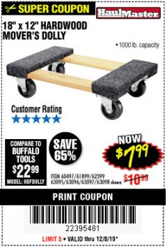 Harbor Freight Coupon 18" X 12" HARDWOOD MOVER'S DOLLY Lot No. 93888/60497/61899/62399/63095/63096/63097/63098 Expired: 12/8/19 - $7.99