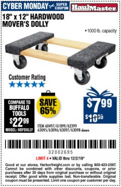 Harbor Freight Coupon 18" X 12" HARDWOOD MOVER'S DOLLY Lot No. 93888/60497/61899/62399/63095/63096/63097/63098 Expired: 12/1/19 - $7.99