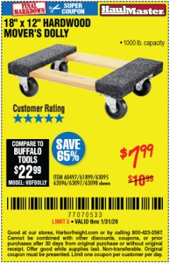 Harbor Freight Coupon 18" X 12" HARDWOOD MOVER'S DOLLY Lot No. 93888/60497/61899/62399/63095/63096/63097/63098 Expired: 1/31/20 - $7.99