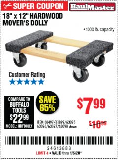 Harbor Freight Coupon 18" X 12" HARDWOOD MOVER'S DOLLY Lot No. 93888/60497/61899/62399/63095/63096/63097/63098 Expired: 1/5/20 - $7.99
