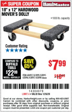 Harbor Freight Coupon 18" X 12" HARDWOOD MOVER'S DOLLY Lot No. 93888/60497/61899/62399/63095/63096/63097/63098 Expired: 1/26/20 - $7.99