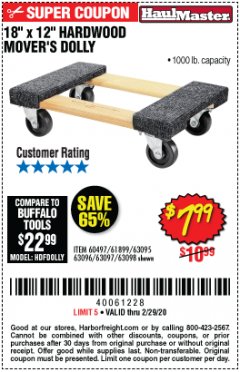 Harbor Freight Coupon 18" X 12" HARDWOOD MOVER'S DOLLY Lot No. 93888/60497/61899/62399/63095/63096/63097/63098 Expired: 2/29/20 - $7.99