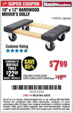 Harbor Freight Coupon 18" X 12" HARDWOOD MOVER'S DOLLY Lot No. 93888/60497/61899/62399/63095/63096/63097/63098 Expired: 3/8/20 - $7.99