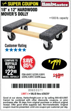 Harbor Freight Coupon 18" X 12" HARDWOOD MOVER'S DOLLY Lot No. 93888/60497/61899/62399/63095/63096/63097/63098 Expired: 6/30/20 - $7.99