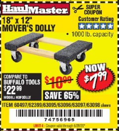 Harbor Freight Coupon 18" X 12" HARDWOOD MOVER'S DOLLY Lot No. 93888/60497/61899/62399/63095/63096/63097/63098 Expired: 6/28/20 - $7.99