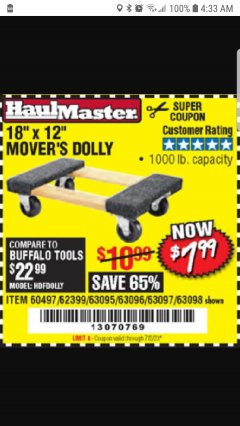 Harbor Freight Coupon 18" X 12" HARDWOOD MOVER'S DOLLY Lot No. 93888/60497/61899/62399/63095/63096/63097/63098 Expired: 7/2/20 - $7.99