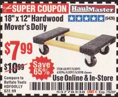 Harbor Freight Coupon 18" X 12" HARDWOOD MOVER'S DOLLY Lot No. 93888/60497/61899/62399/63095/63096/63097/63098 Expired: 7/5/20 - $7.99