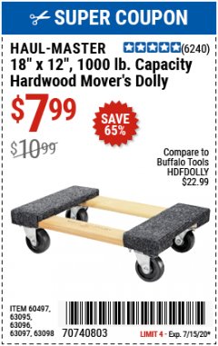 Harbor Freight Coupon 18" X 12" HARDWOOD MOVER'S DOLLY Lot No. 93888/60497/61899/62399/63095/63096/63097/63098 Expired: 7/15/20 - $7.99