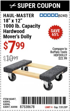 Harbor Freight Coupon 18" X 12" HARDWOOD MOVER'S DOLLY Lot No. 93888/60497/61899/62399/63095/63096/63097/63098 Expired: 7/31/20 - $7.99