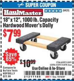 Harbor Freight Coupon 18" X 12" HARDWOOD MOVER'S DOLLY Lot No. 93888/60497/61899/62399/63095/63096/63097/63098 Expired: 10/16/20 - $7.99