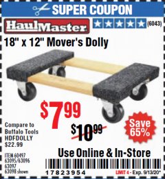 Harbor Freight Coupon 18" X 12" HARDWOOD MOVER'S DOLLY Lot No. 93888/60497/61899/62399/63095/63096/63097/63098 Expired: 9/13/20 - $7.99