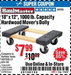 Harbor Freight Coupon 18" X 12" HARDWOOD MOVER'S DOLLY Lot No. 93888/60497/61899/62399/63095/63096/63097/63098 Expired: 11/6/20 - $7.99